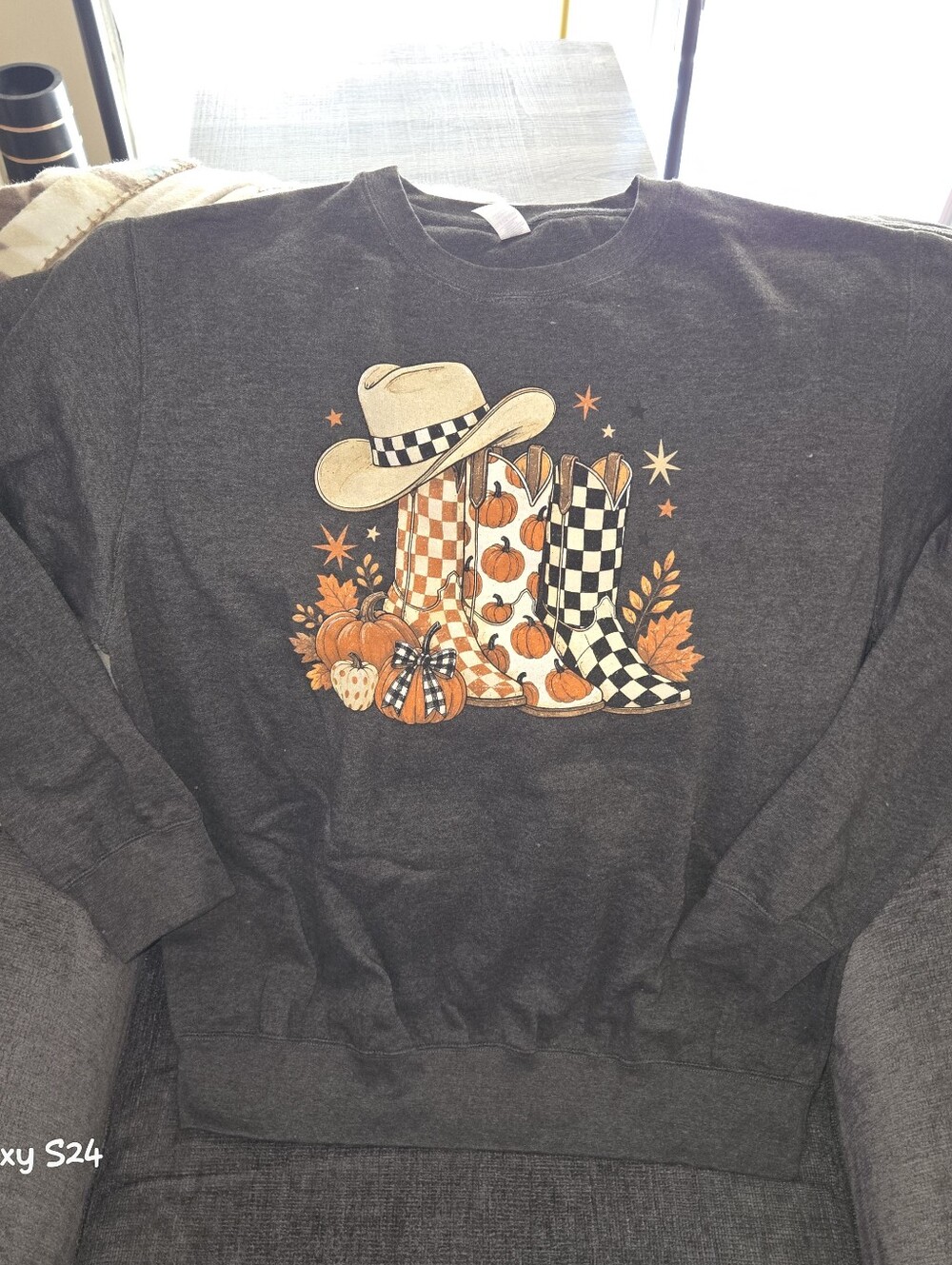 Women's Charcoal Graphic Sweatshirt with Fall Boot & Pumpkin Design